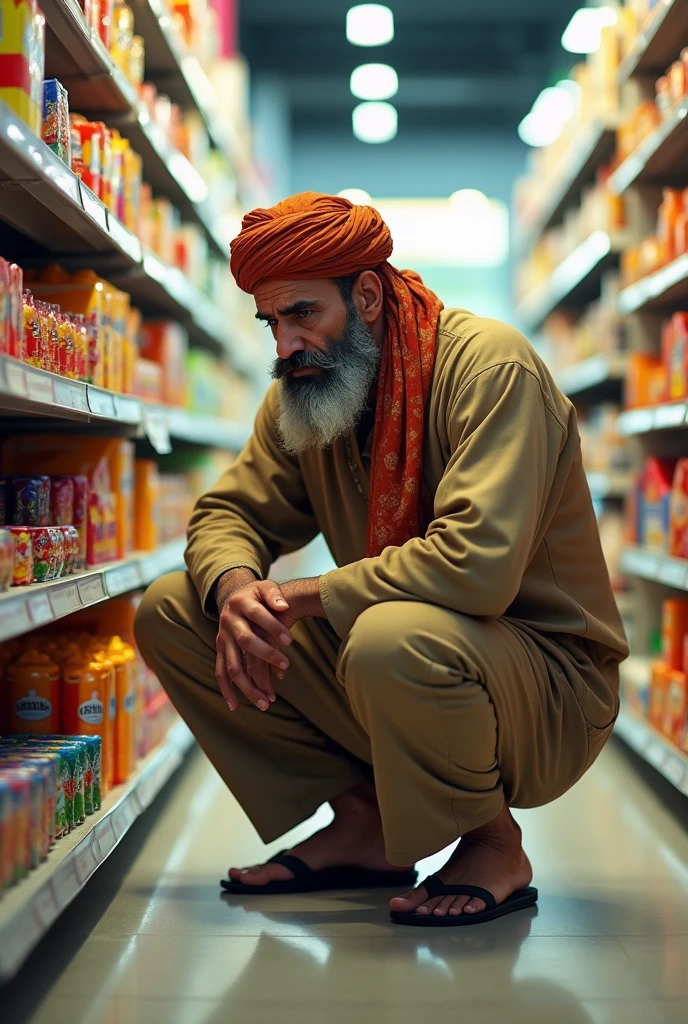 A Pashtun shopper aged 25-30 is leaning down and looking for the guava candies at a superstore.