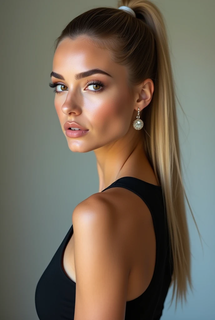 A very realistic and detailed photo of beautiful italian woman model, black skirt ,high heels, perfect makeup, long sleek straight  ponytail,  blonde hair, high quality photo 4k, very detailed, perfect fit, looking at the camera, detailed realistic face, detailed brown eyes, confident 