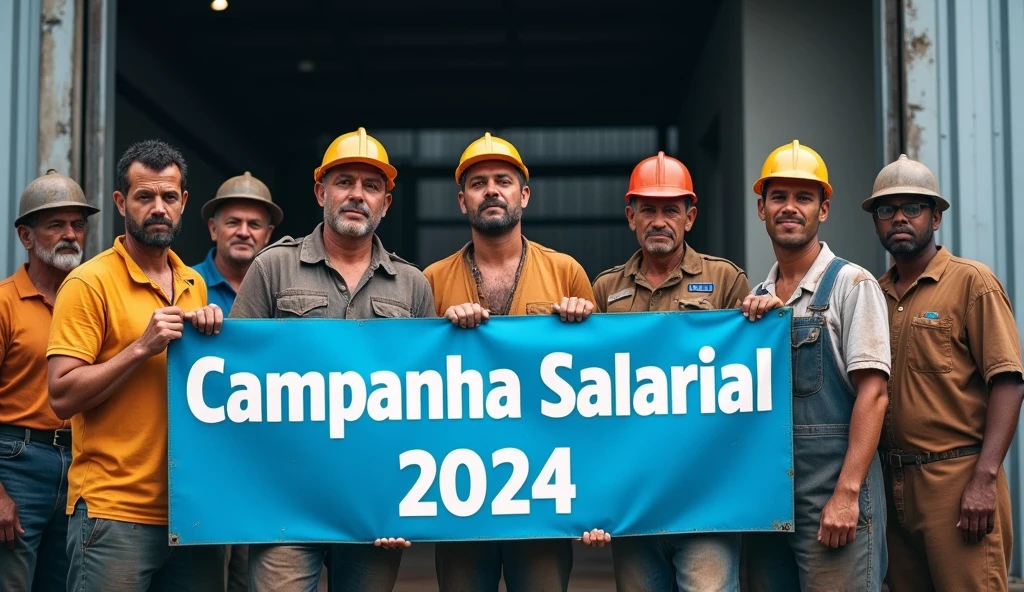 A crisp Canon DSLR photo of Brazilian metalworkers, men and women, standing together in front of a modern factory. Their skin and clothing show dirt and wear, captured in the fine details of the image. They hold a blue banner with "Campanha Salarial 2024" in white text, which contrasts sharply with the dirt on their uniforms. The high-quality photo emphasizes their determination and the unity symbolized by the banner.