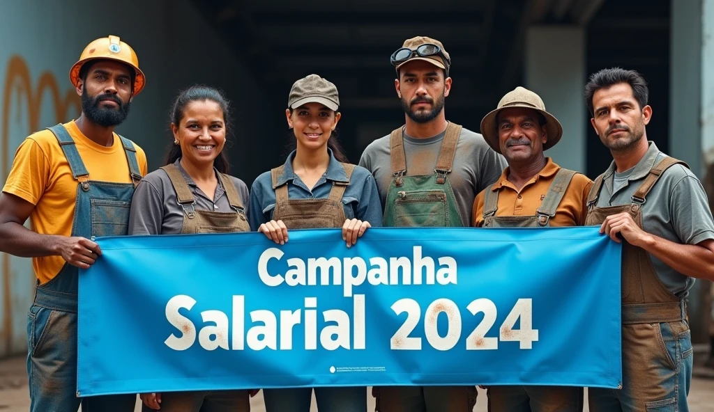 A crisp Canon DSLR photo of Brazilian metalworkers, men and women, standing together in front of a modern factory. Their skin and clothing show dirt and wear, captured in the fine details of the image. They hold a blue banner with "Campanha Salarial 2024" in white text, which contrasts sharply with the dirt on their uniforms. The high-quality photo emphasizes their determination and the unity symbolized by the banner.
