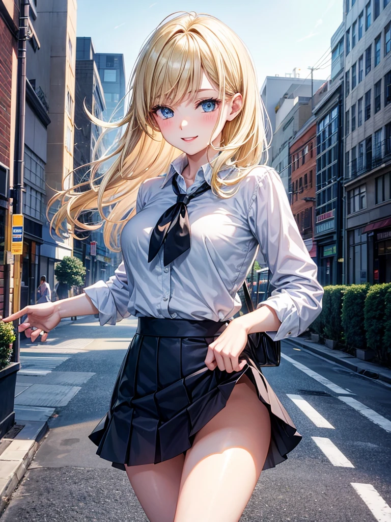 Anime style, super fine illustration, highly detailed, beautiful detailed, super pale tone image, happy expression, Lively expression, 8k, pretty 1girl with blonde straight short hair & blue eyes & a bright smile & full bust & soft fair skin is wearing big white business shirt not to show her skin & black tight skirt & 1business bag, on the business building morning street, in the morning, brilliant particles of lights, happy stories, solo, perfect fingers, perfect arms, perfect legs, masterpiece.