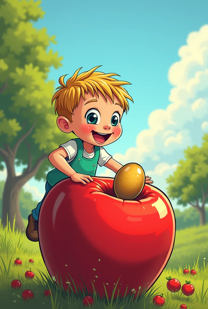 An Ascaris lumbricoides egg on an apple while a child plays outdoors comic book style