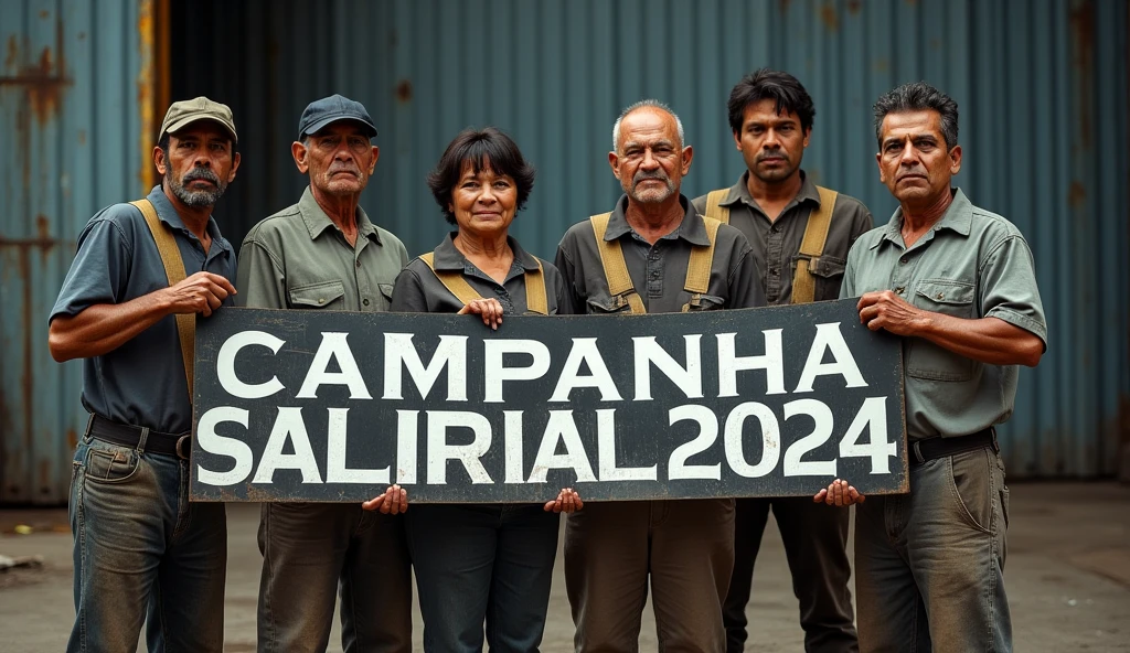 A vivid Canon DSLR photograph of Brazilian metalworkers, both men and women, standing with determination before a modern factory. Their skin and uniforms are visibly dirty, with smudges and grime adding realism to the scene. They hold a blue banner with "Campanha Salarial 2024" in bold white text. The image captures the sharp contrast of the clean text against the gritty background, highlighting their solidarity and struggle.
