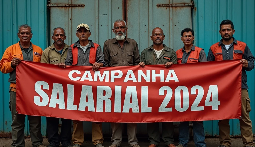 A vivid Canon DSLR photograph of Brazilian metalworkers, both men and women, standing with determination before a modern factory. Their skin and uniforms are visibly dirty, with smudges and grime adding realism to the scene. They hold a blue banner with "Campanha Salarial 2024" in bold white text. The image captures the sharp contrast of the clean text against the gritty background, highlighting their solidarity and struggle.
