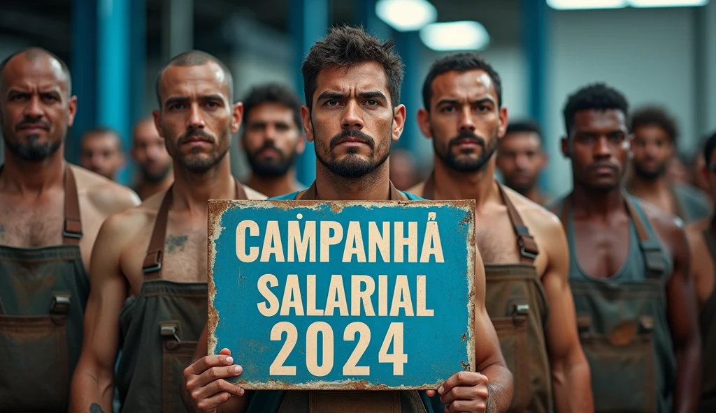 A Canon DSLR-quality photo of Brazilian metalworkers, men and women, standing firm in front of a modern factory. Dirt and grime are clearly visible on their skin and clothing, enhancing the authenticity of the scene. They hold a blue banner with white text that reads "Campanha Salarial 2024" in Portuguese. The sharpness of the photo brings out the details in their determined expressions and the contrast between the dirty uniforms and the clean, bold text on the banner.