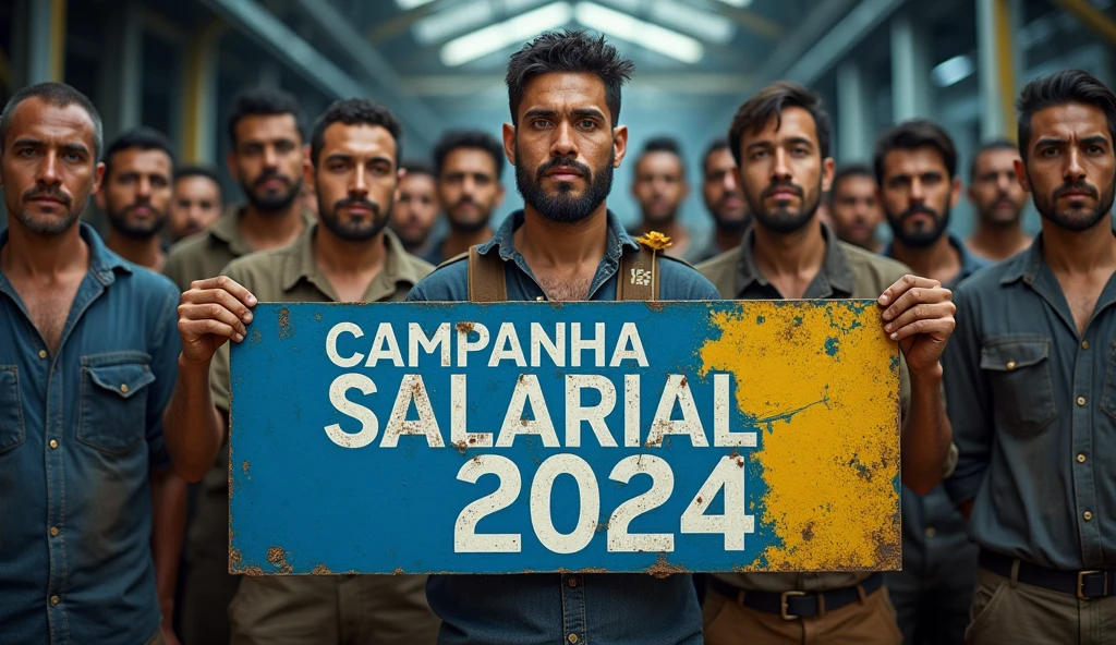 A Canon DSLR-quality photo of Brazilian metalworkers, men and women, standing firm in front of a modern factory. Dirt and grime are clearly visible on their skin and clothing, enhancing the authenticity of the scene. They hold a blue banner with white text that reads "Campanha Salarial 2024" in Portuguese. The sharpness of the photo brings out the details in their determined expressions and the contrast between the dirty uniforms and the clean, bold text on the banner.