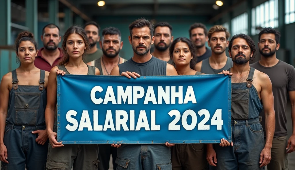 A Canon DSLR-quality photo of Brazilian metalworkers, men and women, standing firm in front of a modern factory. Dirt and grime are clearly visible on their skin and clothing, enhancing the authenticity of the scene. They hold a blue banner with white text that reads "Campanha Salarial 2024" in Portuguese. The sharpness of the photo brings out the details in their determined expressions and the contrast between the dirty uniforms and the clean, bold text on the banner.