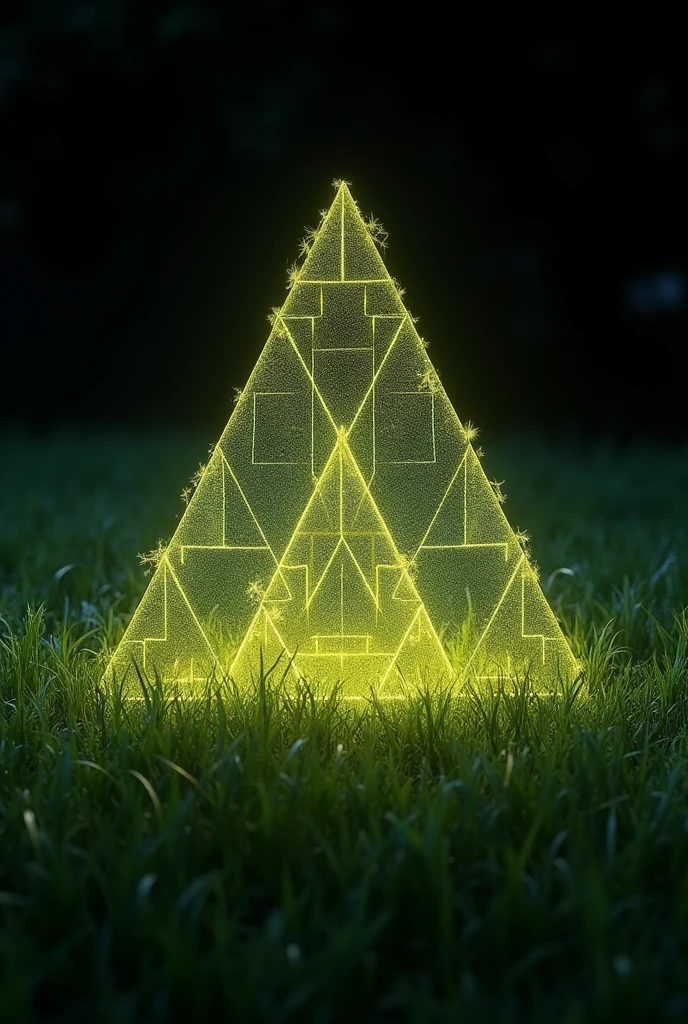 A detailed view of a triangle-shaped object set against a dark background, surrounded by a border of intricate, grass-like patterns. The design features triangular elements with a soft, golden-green glow, reminiscent of illuminated blades of grass, forming a perfectly symmetrical pattern. This computer-generated image highlights a natural, organic feel with precise lighting, creating a central triangular formation that showcases a golden Sierpinski gasket motif, blended seamlessly with the texture of grass