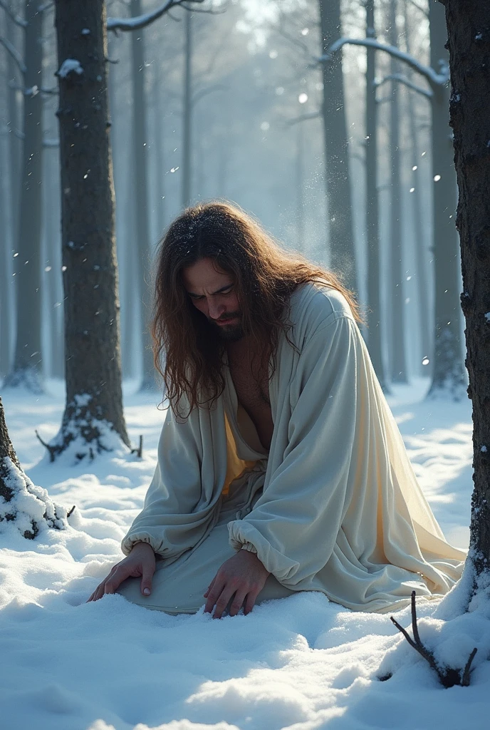 A demigod.While walking through a snowy forest, fell to his knees, overcome by cold and despair,brown hair 