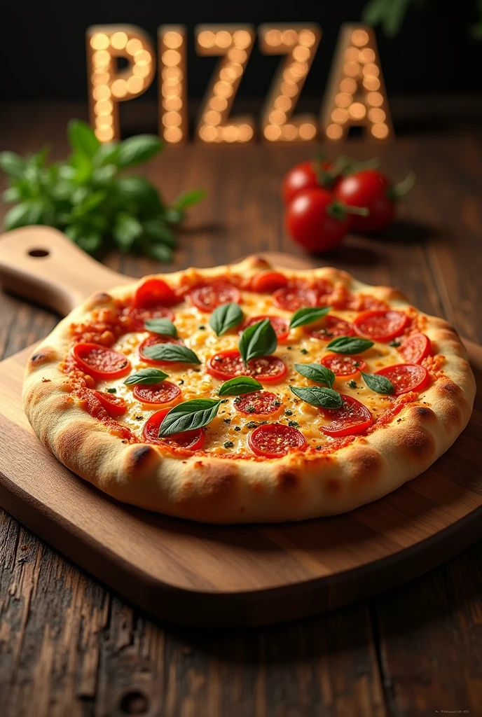 An image of a whole pizza on top of a board with the name pizza in the center on top of the slats