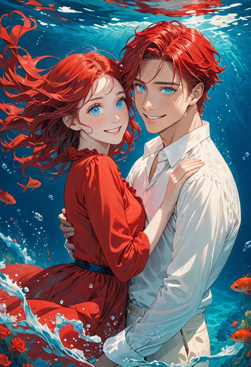 A young man with blue eyes and red hair drowns in the depths of the sea. He wears a white shirt and cream pants. In front of a girl wearing a red dress, her eyes smiling, her hair red, drowning in the depths of the sea