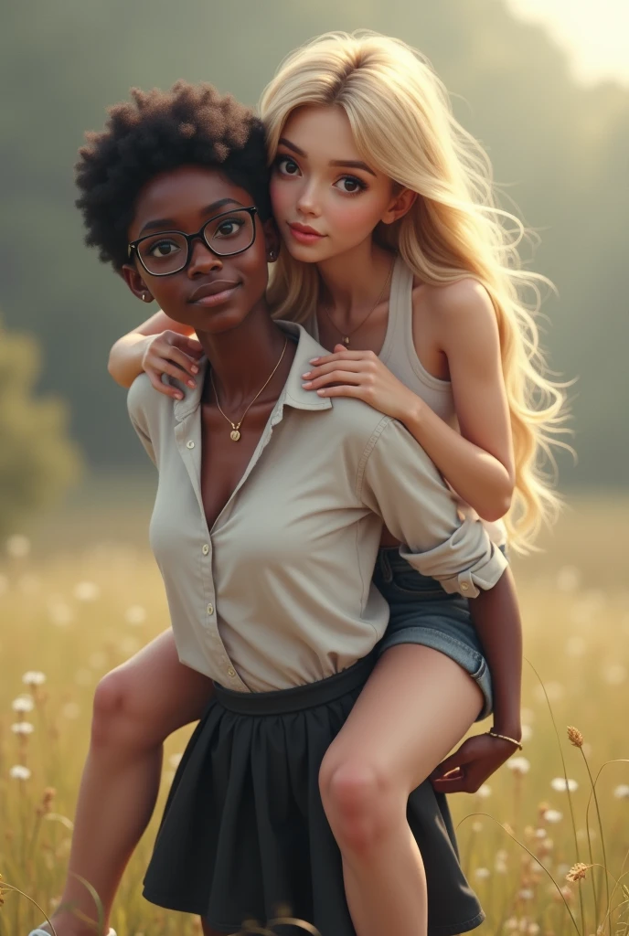 Create an image of a real 2 young woman, with light white skin, blonde hair long, slim and curvy body wearing a white top and short denim shorts being carried on the shoulders of a real 1 young woman, very thin, black and dark skinned, with short hair, wearing prescription glasses, wearing a white shirt and a black skirt 