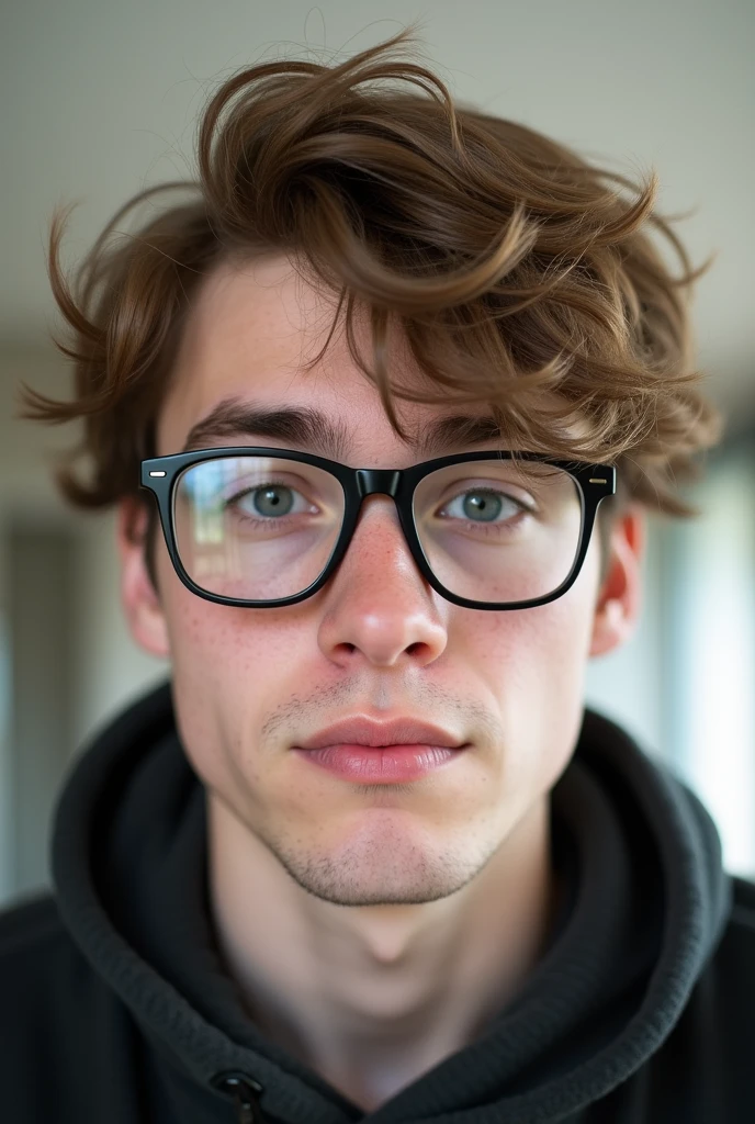 Young white British man (20 years old) - selfie style photo - wearing glasses, ugly looking