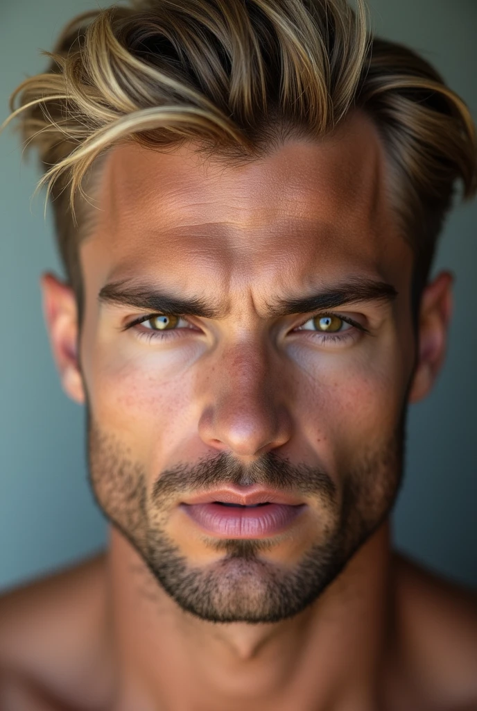 photographie, Perfection masculine, Strong Jawline, full lips, Nez aquilin, cheveux blonds courts, Yeux noisette, hyper realistic, 8K --v 4