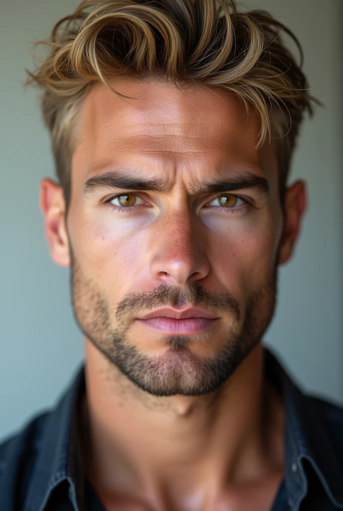 photographie, Perfection masculine, Strong Jawline, full lips, Nez aquilin, cheveux blonds courts, Yeux noisette, hyper realistic, 8K --v 4