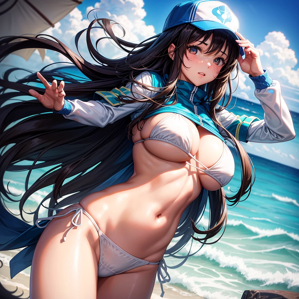 long dark hair / big tits / brown eyes /  score_9, score_8_up, score_7_up, source_anime BREAK 1girl, solo, looking at viewer, cowboy shot,  detailed background,  Heroine X, stomach, navel, white bikini, white panties, side-tie bikini bottom, blue shrug \(clothing\), long sleeves, wristband, baseball cap,  huge breasts, underboob, sideboob, beach, ocean, sunlight, waterdrop, heart hands,
