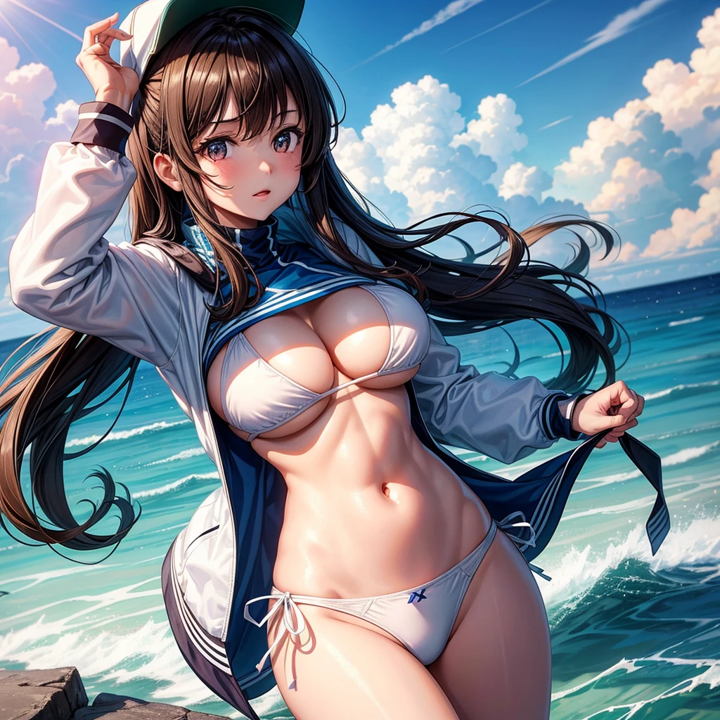 long dark hair / big tits / brown eyes / score_9, score_8_up, score_7_up, source_anime BREAK 1girl, solo, looking at viewer, cowboy shot, detailed background, Heroine X, stomach, navel, white bikini, white panties, side-tie bikini bottom, blue shrug \(clothing\), long sleeves, wristband, baseball cap, huge breasts, underboob, sideboob, beach, ocean, sunlight, waterdrop, heart hands,