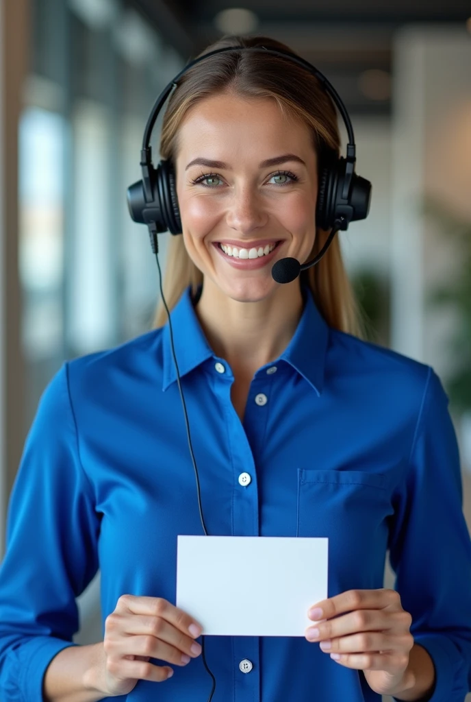 A sales consultant showing her work card, He is also wearing his headband headphones and microphone and a royal blue shirt..