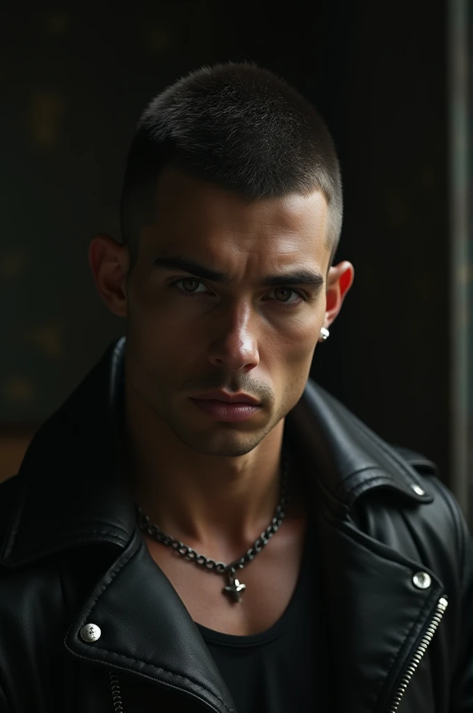 A doberman boy, whit a buzzcut, brunette, looks a bit like Ares Hidalgo, whit wide shoulders, a fit body, looks like a bad boy