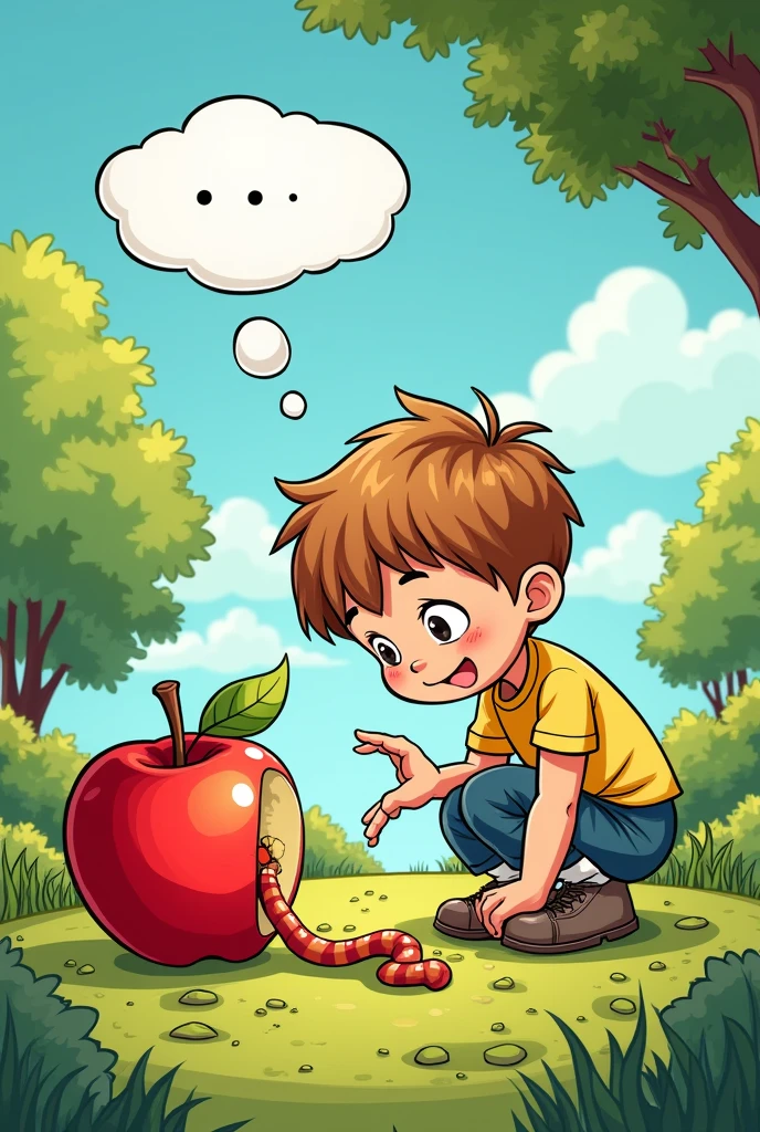 A worm in an apple while a  plays outdoors comic book style
