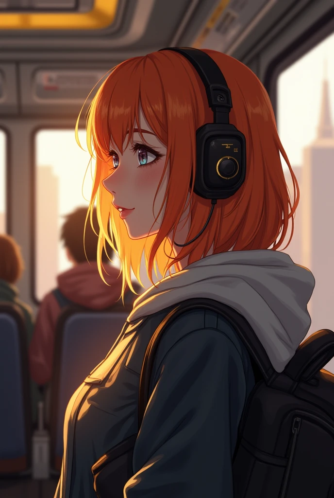 (masterpiece, sidelighting, ultra-detailed, finely detailed beautiful eyes: 1.2), 1girl, bag, building, from side, headphones, hood, hood down, hooded jacket, hoodie, jacket, long hair, orange hair, profile, red hair, solo, train, train interior, upper body, Masterpiece, best quality