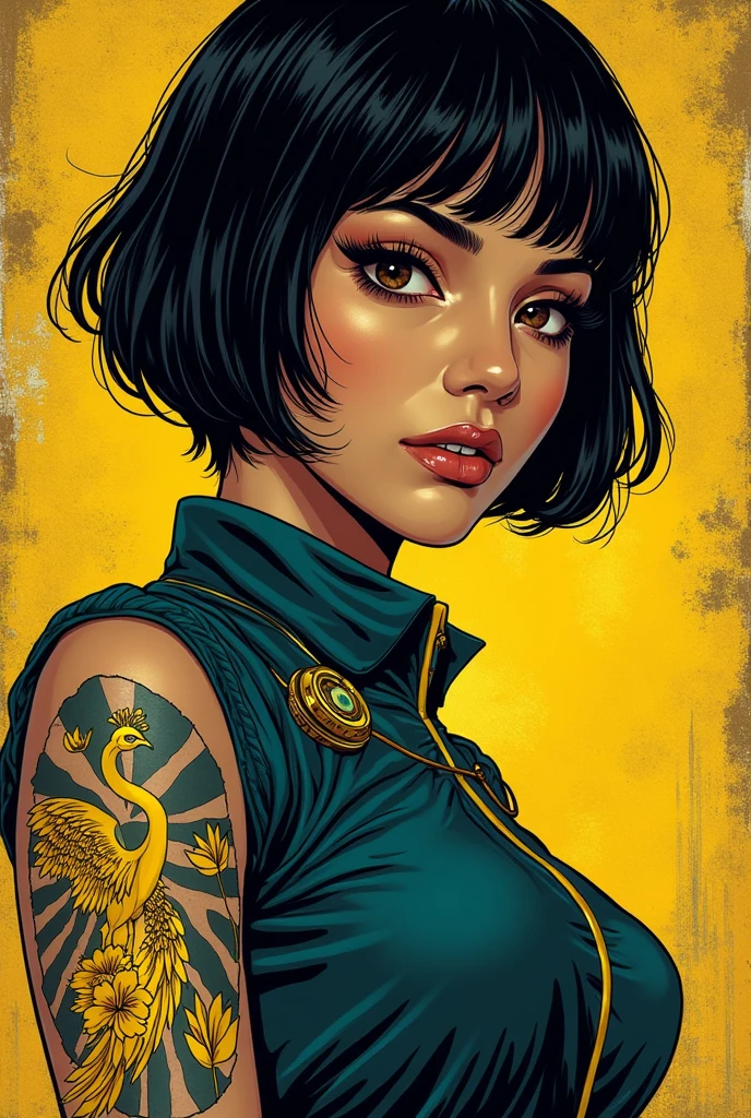 A pilot with an enigmatic look, Her porcelain skin and dark brown eyes contrast with the vibrant ink of a yellow peacock that adorns her arm. Asian features softened by an Arabic touch, bushy eyebrows and a prominent nose give her an exotic beauty. Her jet black hair, short and rebellious, adds a touch of boldness to your uniform, hinting at a complex and fascinating personality in the 90s comic
