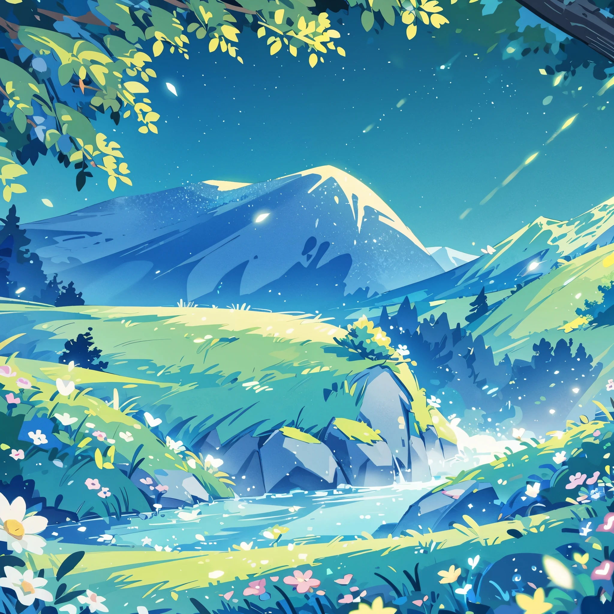 anime inspired greenery landscape alps with bright blue glass like sky shining twinkling sparkling effect(bokeh effect) 