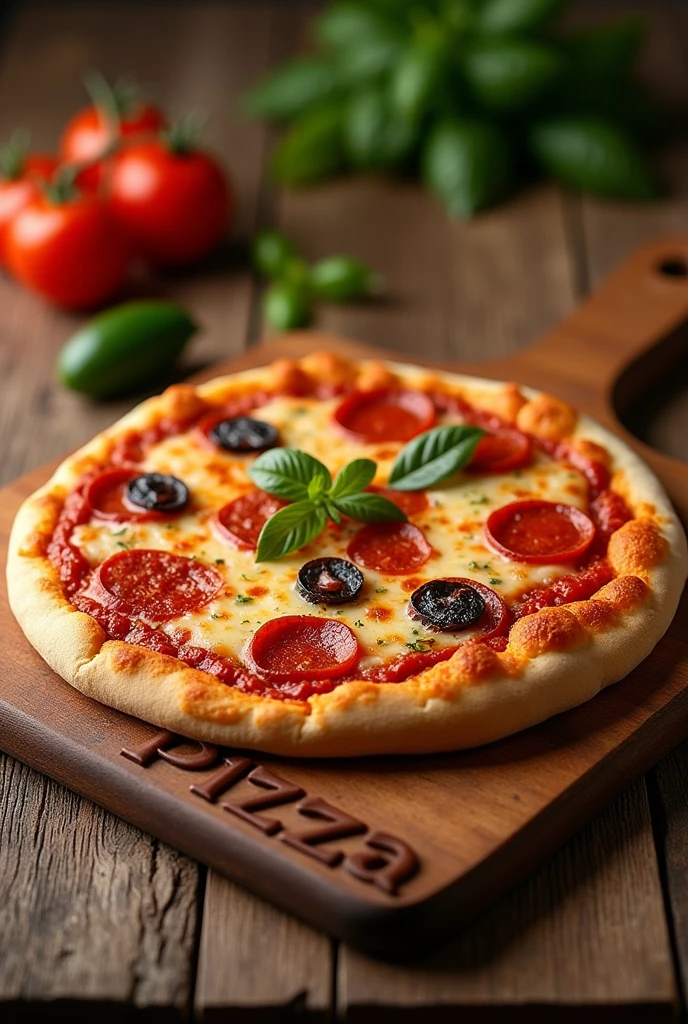 An image of a whole pizza on top of a board with the name pizza on it