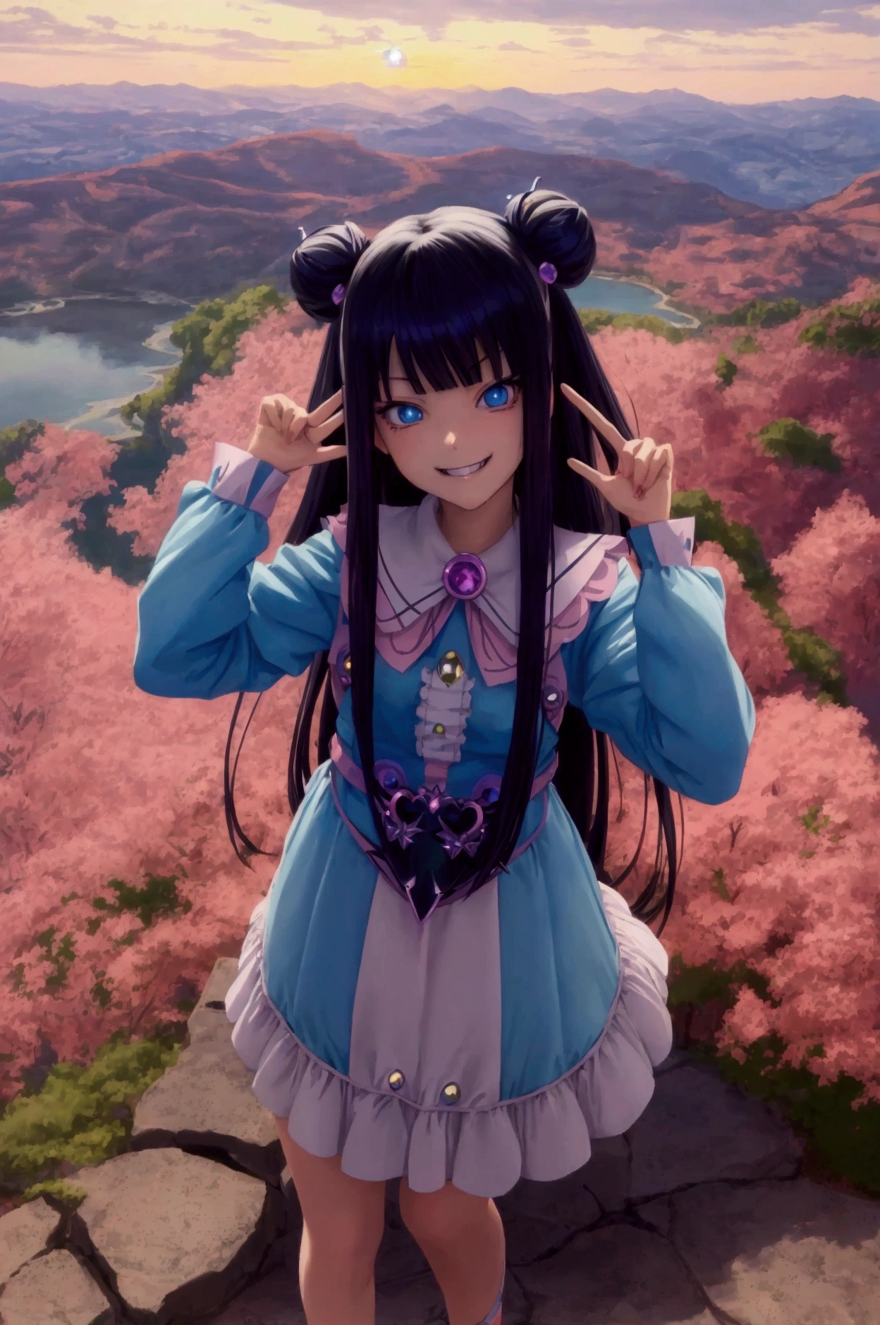 ((masterpiece)), aerial view, Sunset, ((pastel colors)), Ultra detailed, Anime girl with long black hair and blue eyes pointing at something, inspired by Alice Prin, Kage Kage Mamoru anime art style!, picture of ((mischievous)),, Alicia from Alicia in wonder land, Alicia's sister, (((evil smile)))
