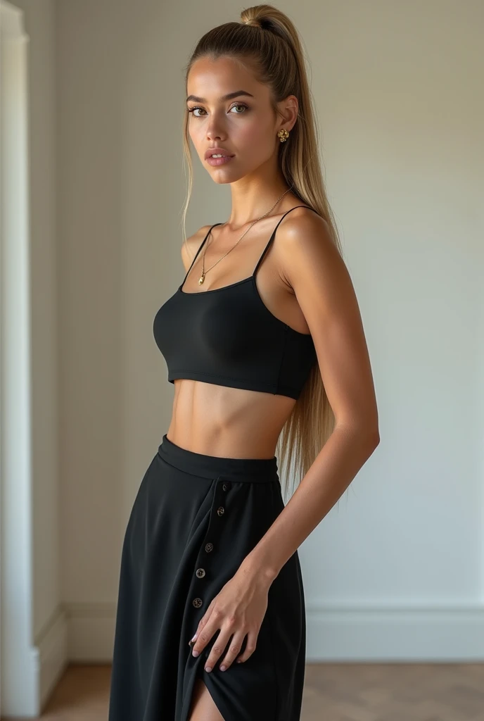A very realistic and detailed photo of beautiful young italian woman model, black skirt ,high heels, perfect makeup, long sleek straight ponytail, blonde hair, high quality photo 4k, very detailed, perfect fit, looking at the camera, detailed realistic face, detailed brown eyes, confident