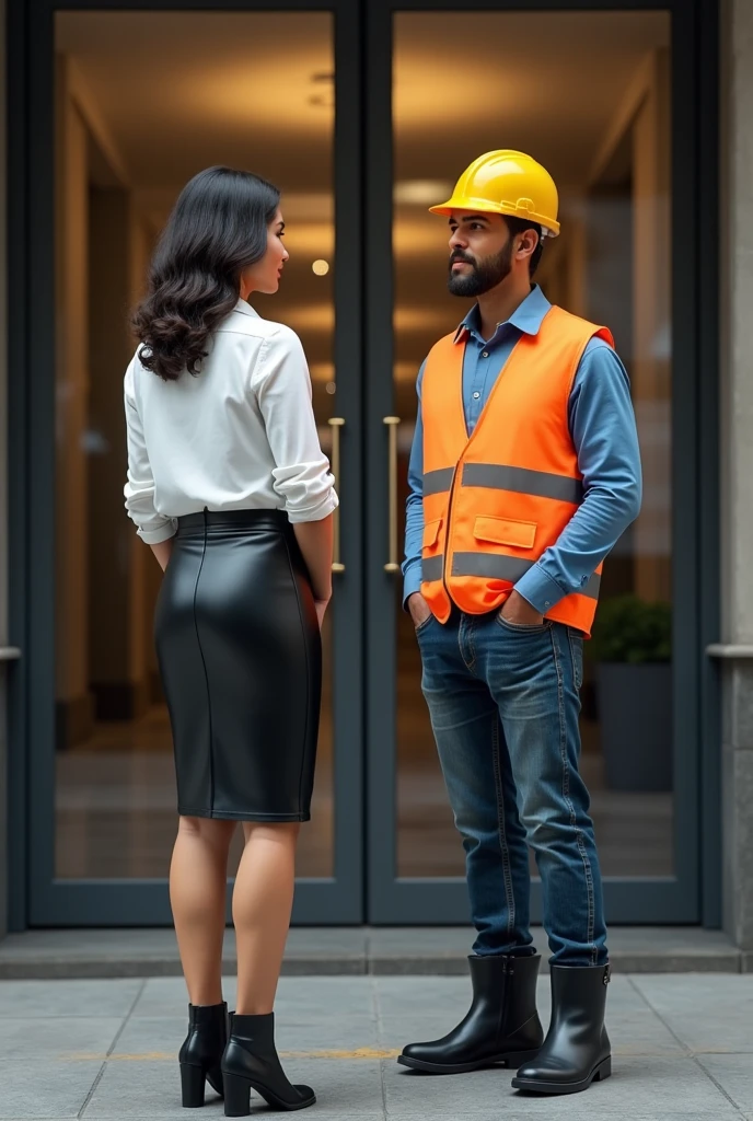 the best photo,the most realistic,Clareza 4K, latina woman ,3,White long sleeve cotton shirt ,Black leather pencil skirt. Woman talking to a doorman. Doorman with yellow construction hat, signal vest, black boot, and jeans.