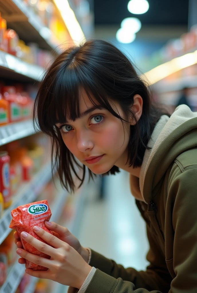 A light skinned and blue eyed Pashtun shopper aged 25-30 is leaning down and looking for the guava candies at a superstore.