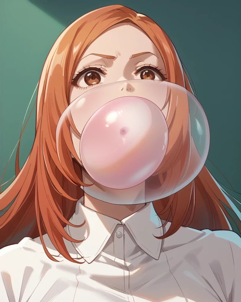 (Best quality, masterpiece, anime quality, full view pose, nsfw), 
1girl, inoue orihime, long hair, orange hair, brown eyes, (((blowing clear bubblegum:1.5, (blowing gigantic bubblegum:1.5, blowing hyper sized bubblegum: gap