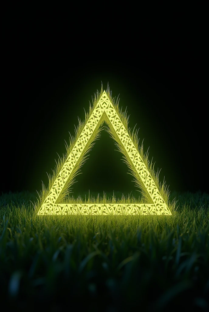 A detailed view of a triangle-shaped object set against a dark background, surrounded by a border of intricate, grass-like patterns. The design features triangular elements with a soft, golden-green glow, reminiscent of illuminated blades of grass, forming a perfectly symmetrical pattern. This computer-generated image highlights a natural, organic feel with precise lighting, creating a central triangular formation that showcases a golden Sierpinski gasket motif, blended seamlessly with the texture of grass