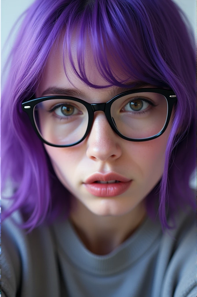 with purple hair and glasses
