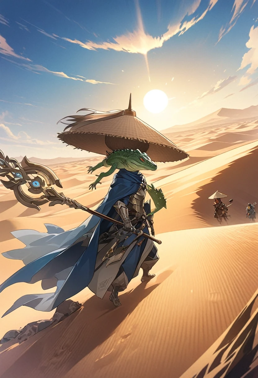 Animagine XL, anime, genshin, detailed illustration, dynamic angle, ultra-detailed, illustration, beautiful illustration, elegant illustration, lizardkin, anthropomorphic lizard, desert, dunes, yellow sky, sun, brigandine armor, rags, cloak, rice hat, staff, wandering, wind, sandstorm