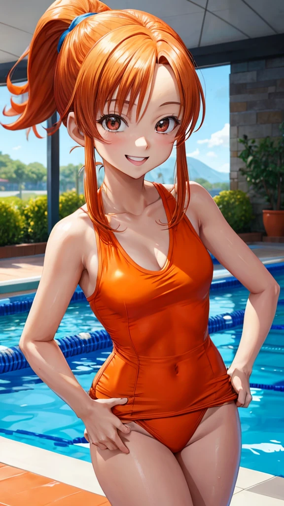 score_9, score_8_up, score_7_up, score_6_up, score_5_up, score_4_up, (source_anime), 1girl, neon genesis evangellion,( asuka langley soryu, small breasts, big Thighs, puffy nipples), far, full body, Swimming pool ,Revealing the breasts, Swimsuit, Wet, school