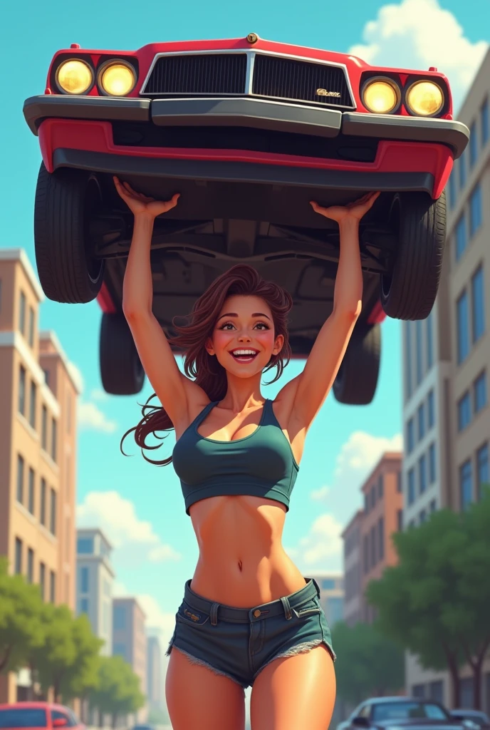  girl lifts a car over her head laughing 