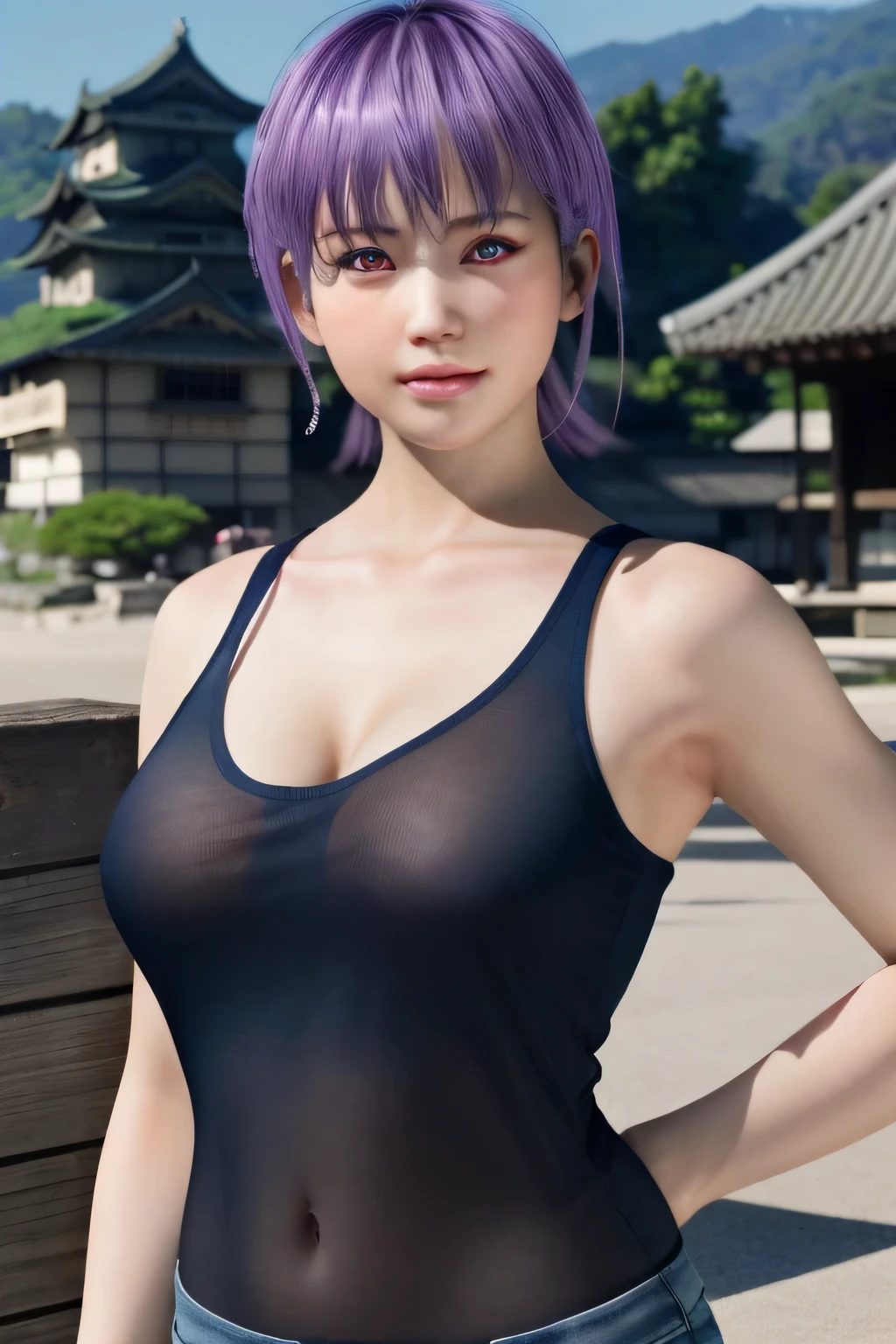 Ayane, casual, beautiful, Himeji castle, Tank top, String,(Highest quality,High resolution,Very detailedな,Realistic:1.2),Very detailed、Very detailed、32K、8k resolution、Intricate details、Movie Scenes、Detailed Background、One person、