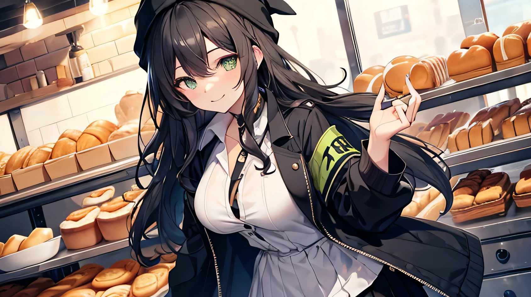 masterpiece, high quality, A pretty woman, Long hair, wavy hair, black hair, green eyes, smiling face, big breasts, juicy breasts, Open shirt, short skirt, black jacket, black beanie hat, background of a bakery