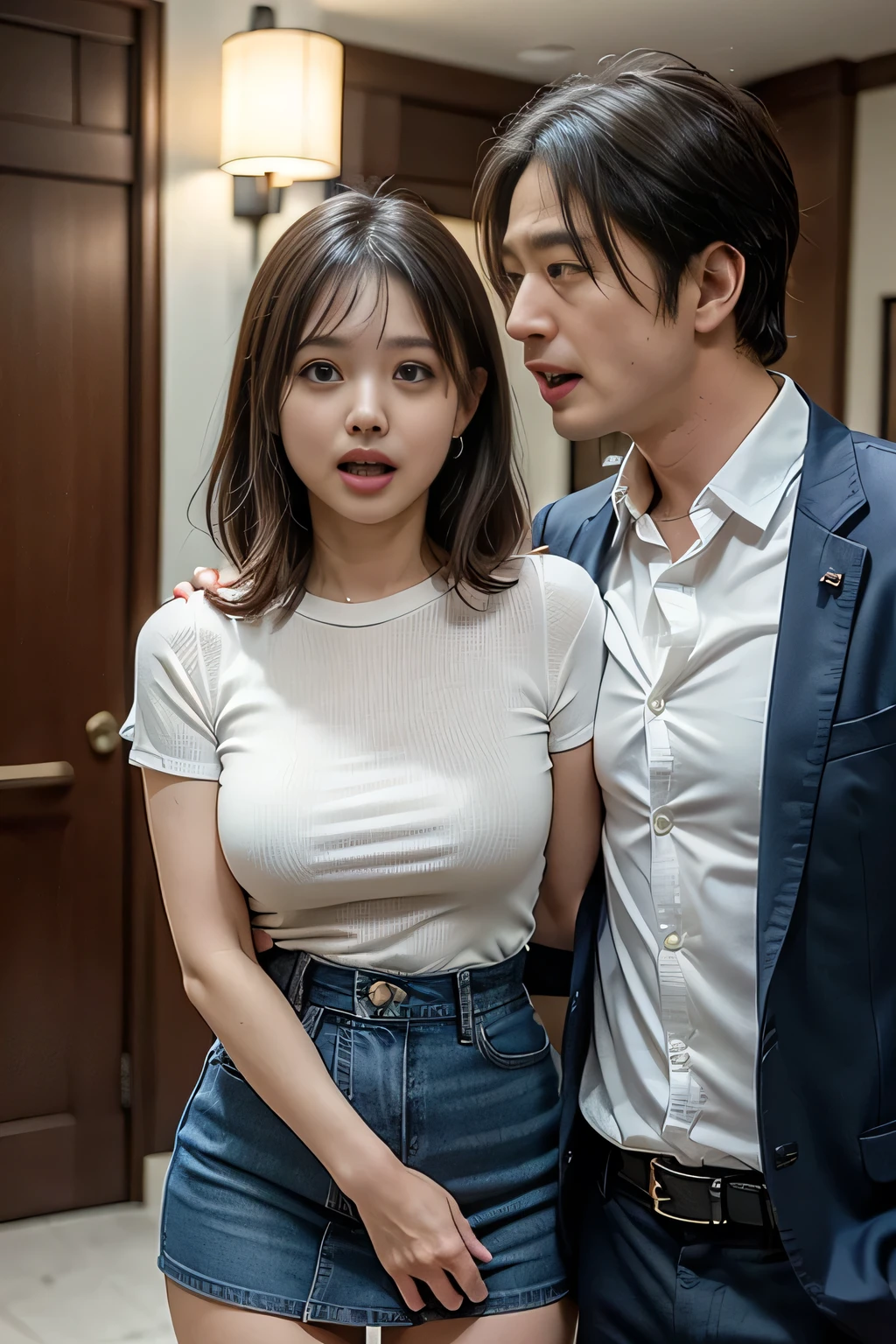(high quality), (Realistic photos)、1 male、1 female、No audience、((Young Japanese couple arguing face to face:1.4))、((Angry Japanese woman and a Japanese man trying to talk to her:1.4)) 、((White short sleeveTWoman in a shirt:1.4))、((Man in a jacket suit:1.4))、((hotel lobby:1.4))、Daytime、((A woman glares at a man:1.7))、((A woman wearing a denim skirt that accentuates her thighs:1.4))、((White short sleeveTWoman in a shirt:1.4))、((woman with scary expression:1.4))、