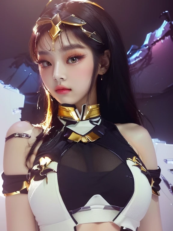 una mujer con un pecho muy grande posa con remera con una avertura adelante con collres de oro and golden eyes, extremadamente detallado, alena aenami and artgerm, :: rossdraws, rossdraws 1. 0, diosa del anime, inspirado en rossdraws, Arte WLOP, wlop y ross , jisoo from blackpink, popular south korean makeup, quality detailed ,(beautiful makeup :1.2), Wide hips, big, big ass, (best quality, 8K, masterpiece: 1.3), Clear focus: 1.2, Perfect body beauty: 1.4, strong abs, Very detailed face and skin texture. , detailed eyes, double eyelids, (long hair), having very marked curves, with greater volume in ((hips and breasts)), which makes the waist look much smaller ((wasp waist