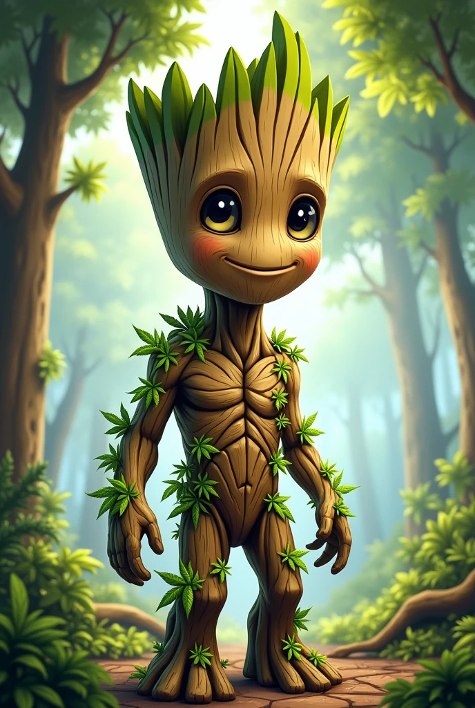Groot with little cannabis plants growing on him in cartoon