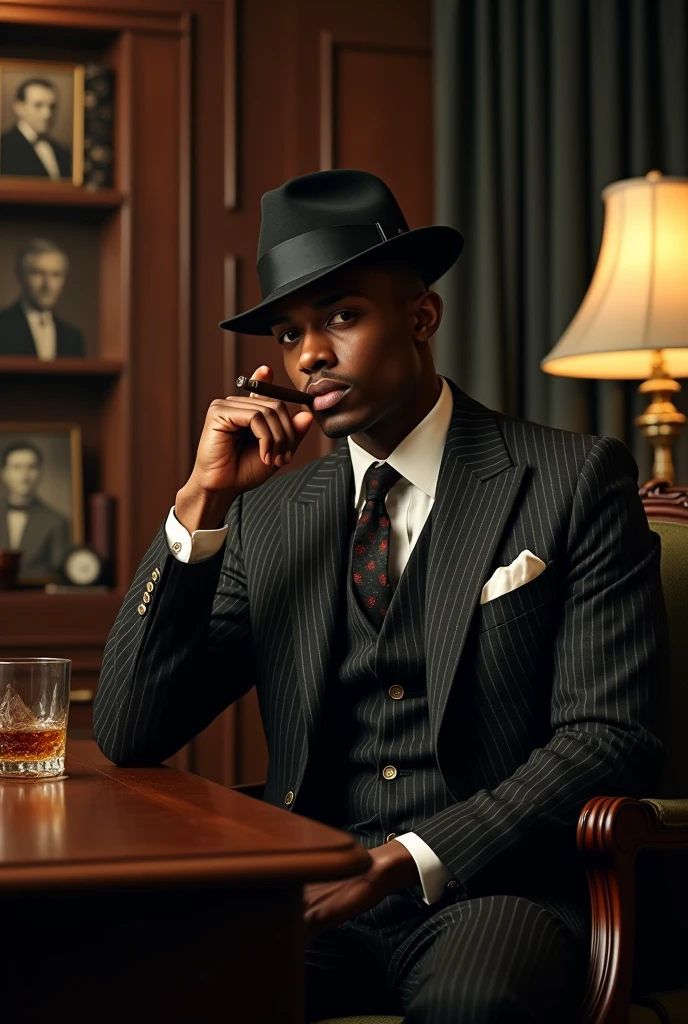 Create a cinematic fashion scene featuring a male model with African descent, but with the features of David Gandy. The model, an athletic figure with a striking, masculine physique and a captivating presence, is dressed in a vintage-inspired, classic mafia suit reminiscent of the 1940s, suitable for a scene straight out of 'The Godfather.' The outfit should feature a double-breasted pinstripe suit in dark tones, complemented by a crisp white dress shirt, a wide tie, and a classic fedora hat. The model also wears polished leather shoes and vintage accessories such as a pocket watch, adding an air of old-school mafia sophistication.

Situation: The scene is set in a dimly lit, opulent study, adorned with rich wood paneling, leather-bound books, and a large mahogany desk, capturing the essence of a classic mafia boss’s office. The model is seated behind the desk, leaning slightly forward with one hand resting on a cigar, exuding power and authority. A glass of whiskey sits on the desk beside him, and the room is filled with an atmosphere of quiet tension, as if a significant decision is about to be made. The background includes dimly lit lamps, framed black-and-white photographs, and a glimpse of a dark, heavy curtain partially drawn over a window.

The model's pose is commanding and authoritative, capturing the essence of a powerful mafia figure. His gaze is intense and direct, with a hint of contemplation, embodying the calculated and composed demeanor of a mafia don. The warm, low-key lighting creates deep shadows that emphasize the model’s strong features and the rich textures of his suit, enhancing the vintage, cinematic feel of the scene.

Filmed on ARRI ALEXA 65, Bokeh, sharp focus on the subject, shot by Don McCullin. The atmosphere should exude a sense of cinematic drama with a vintage touch, where the model embodies the essence of classic mafia fashion—powerful, refined, and imposing, amidst a richly detailed, atmospheric setting."