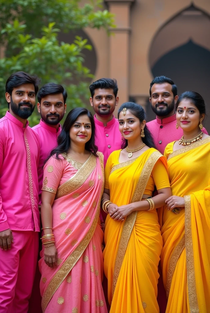 10 people group photoshoot with 5 male pink panjabi & 5 female yellow sari