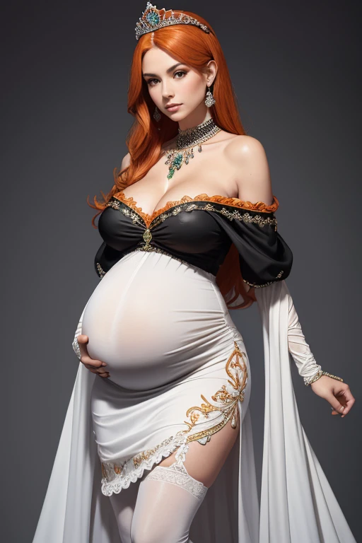 8k, masterpiece, very realistic, Full body (y pregnant queen 1.2), happy, very slim waist, slim thighs, elaborate detailed tight folded embroidered black off shoulder dress, long straight flowing orange hair, elaborate detailed patterned white stockings, medium breregnant, (curved back 1.2), silver tiara with an emerald gem, bright