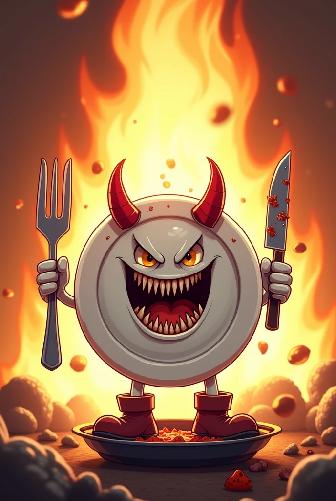 A white plate cartoon character shaped like a plate of rice. It has a fierce expression with a wide open mouth, revealing sharp teeth. It wears red evil horns and is holding a large fork in its left hand and a knife covered in food stains in its right hand. There are food remnants stuck in its teeth. A huge flame is in the background. It is wearing boots and its right foot is stepping on a pan. write text "Jarn Ron Chon Klang" between horn