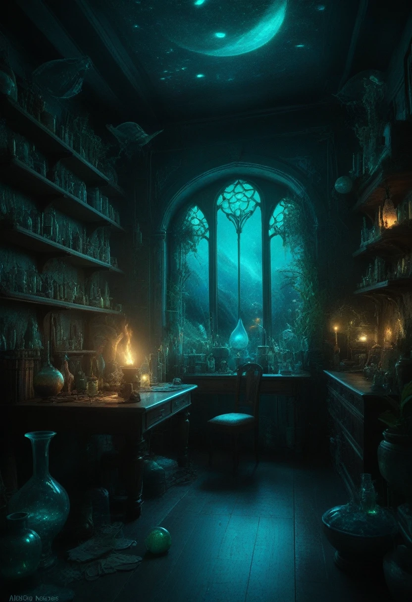 extremely detailed fantasy room alchemy, glow, bioluminescent, digital art