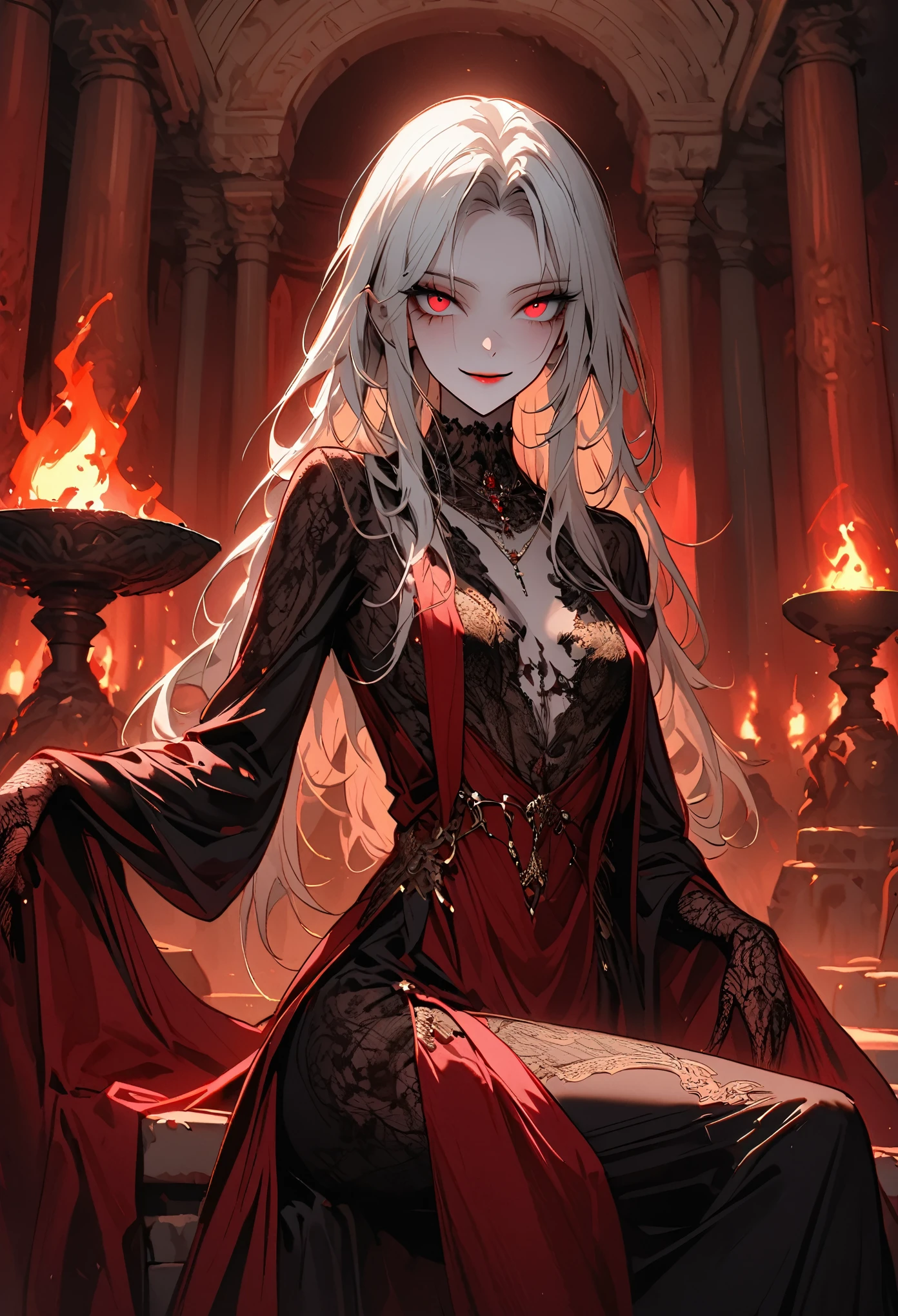 female, ancient vampire, ageless, skin the color of old parchment worn thin in places and thick in others, deep crimson eyes, long, silvery hair, slender yet strong, ~5'8, ~120 lbs, undead, alluring presence, difficult to ignore or resist, elegant, luxurious yet simple clothes, subtly evil smile, drapes, ancient luxurious palace, elegant iron fire pit, close up, decadent, madame, harem, well-lit