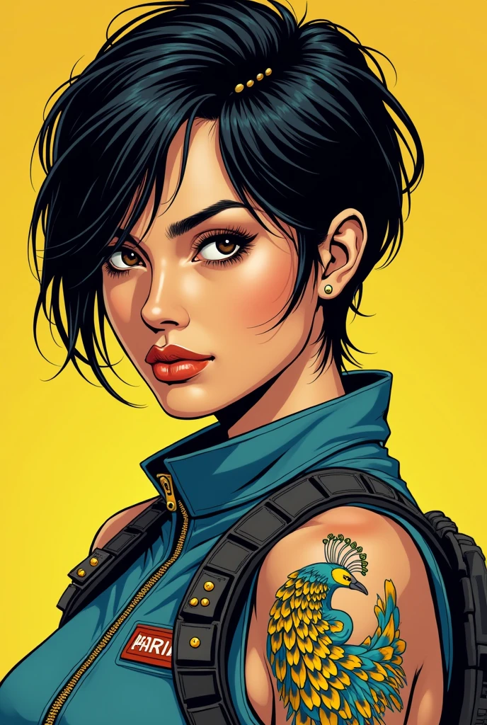 A pilot with an enigmatic look, Her porcelain skin and dark brown eyes contrast with the vibrant ink of a yellow peacock that adorns her arm. Asian features softened by an Arabic touch, bushy eyebrows and a prominent nose give her an exotic beauty. Her jet black hair, short and rebellious, adds a touch of boldness to your uniform, hinting at a complex and fascinating personality 90s pop art comic

